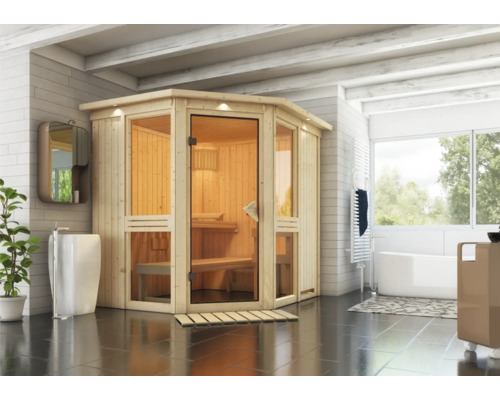 Ecksauna aus Holz mit Glastür in einem Badezimmer