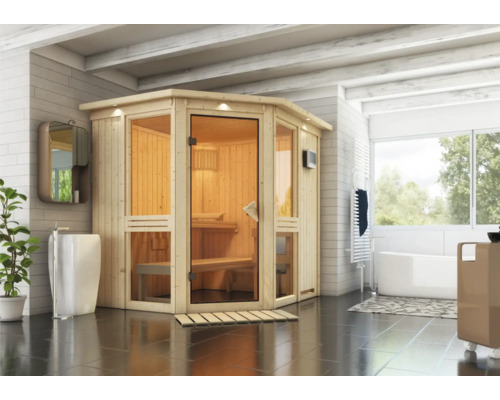 Sauna aus Holz mit Glastür in einem Badezimmer