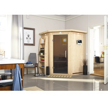 Holzsauna mit Glastür und Bedienfeld in einem hellen Badezimmer