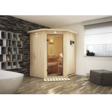 Holzsauna mit Glastür in einem Badezimmer