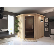 Ecksauna aus Holz mit Glastür in einem Badezimmer