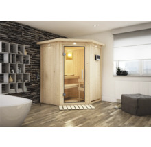 Sauna aus Holz mit Glastür in einem Badezimmer