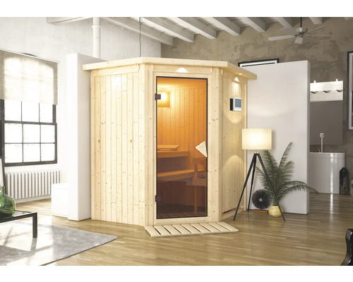 Plug & Play Sauna Karibu Achat III inkl. 3,6 kW Ofen u.ext.Steuerung mit Dachkranz und bronzierter Ganzglastüre Holzsauna mit Glastür in einem Badezimmer