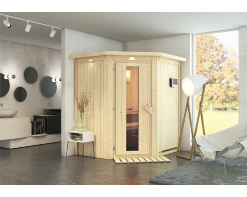 Plug & Play Sauna Karibu Achat III inkl. 3,6 kW Bio Ofen u.ext.Steuerung mit Dachkranz und Holztüre aus Isolierglas wärmegedämmt Helle Sauna aus Holz mit Glastür in modernem Badezimmer