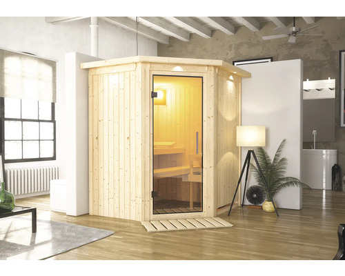 Plug & Play Sauna Karibu Achat III inkl. 3,6 kW Ofen u.integr.Steuerung mit Dachkranz und Ganzglastüre aus Klarglas Holzsauna mit Glastür und Innenbeleuchtung in einem hellen Raum