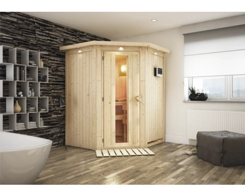 Plug & Play Sauna Karibu Achat II inkl. 3,6 kW Bio Ofen u.ext.Steuerung mit Dachkranz und Holztüre aus Isolierglas wärmegedämmt Innenraum mit einer Holzsauna mit Glastür