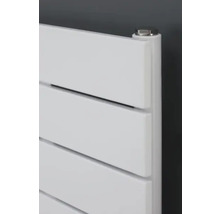 Detailaufnahme eines weißen Heizkörpers mit horizontalen Lamellen und einem silberfarbenen Verschlussstopfen.