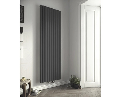 Raumansicht mit einem hohen, schmalen, grauen Heizkörper an der Wand.