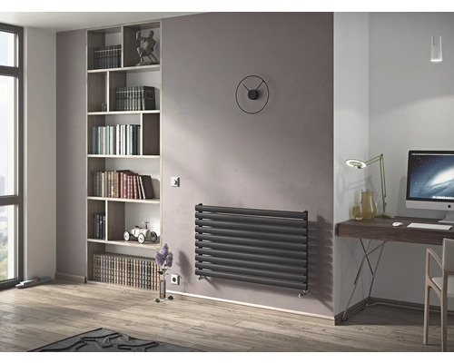 Wohnraum mit Heizkörper, Bücherregal und Schreibtisch