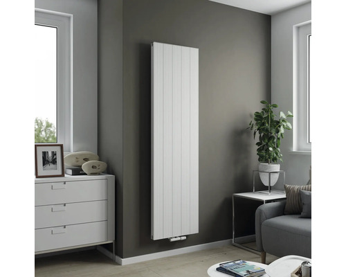Modernes Wohnzimmer mit einem schlanken, vertikalen Heizkörper an der Wand