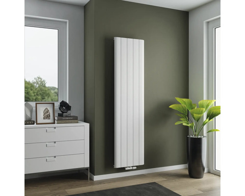 Raumansicht mit vertikalem Heizkörper an einer Wand, Kommode und Zimmerpflanze