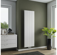 Vertikaler Heizkörper im Wohnraum mit Kommode und Zimmerpflanze.