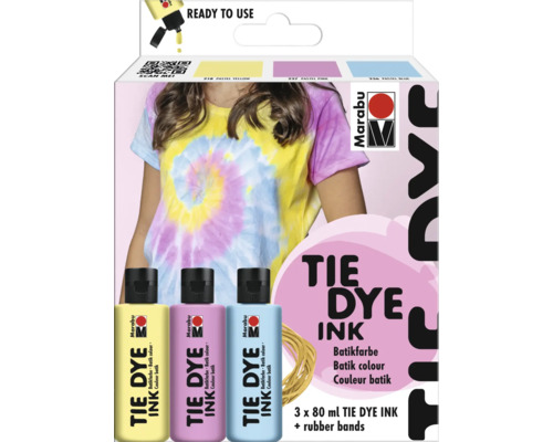 Marabu Tie Dye Ink Set mit drei Farben und Gummibändern für Batikarbeiten
