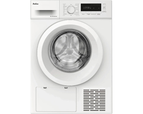 Amica Wärmepumpentrockner mit Bedienfeld, Trommel und Kondensatbehälter.