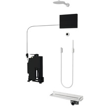 Komponenten für ein Duschsystem, einschließlich Duschkopf, Steuerung, Thermostat, Handbrause und Ablauf