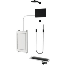 Komplette Duschinstallation mit Kopfbrause, Unterputzthermostat, Handbrause mit Schlauch und Duschrinne.