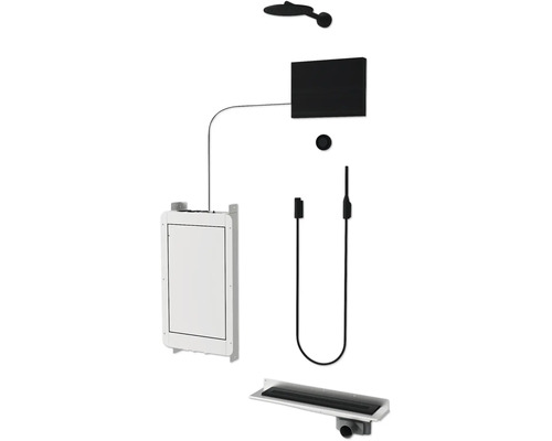 Komplette Duschinstallation mit Kopfbrause, Unterputzthermostat, Handbrause mit Schlauch und Duschrinne.