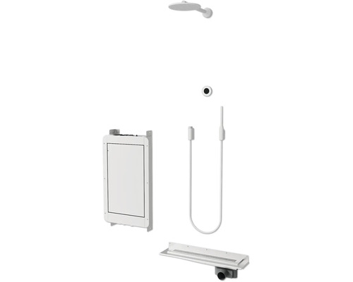 Duschsystem mit Kopfbrause, Handbrause, Unterputzkörper und Ablaufrinne