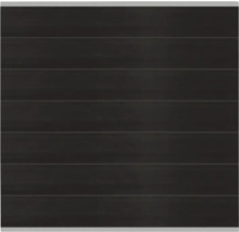 Dunkle Holzfassade mit horizontalen Brettern.