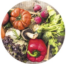 Gemüseauswahl in einer Holzkiste, darunter Tomaten, Radieschen, Sellerie, Zucchini, Paprika und Salat