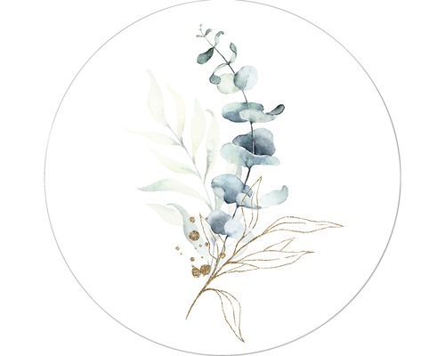 Glasbild Golden Flowers III Ø 20 cm Aquarellgemälde von Eukalyptus und Blättern