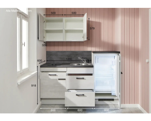 Kompakte Küchenzeile mit Spüle, Kochfeld, Kühlschrank und Stauraum