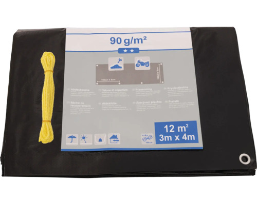 Schwarze Abdeckplane mit gelbem Befestigungsseil, 12 Quadratmeter, 3 Meter mal 4 Meter