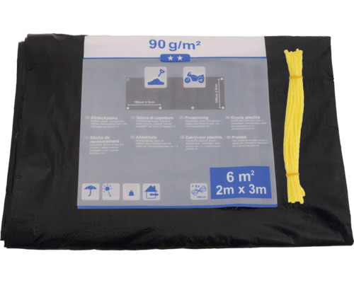 Schwarze Abdeckplane mit einer Grammatur von 90 Gramm pro Quadratmeter und einer Größe von 2 mal 3 Metern