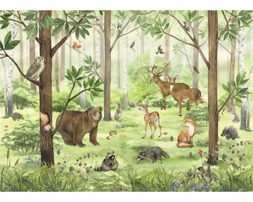 Illustration eines Waldes mit verschiedenen Tieren