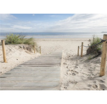Holzsteg führt zum Strand mit Sanddünen und Meer