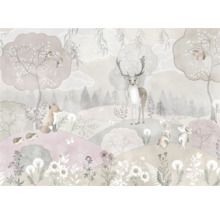 Illustration einer Waldszene mit Reh, Hase, Fuchs und anderen Tieren
