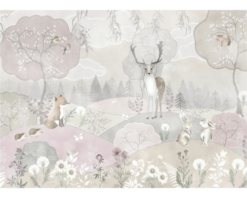 Illustration einer Waldszene mit Reh, Hase, Fuchs und anderen Tieren