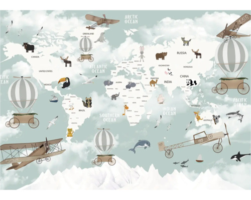 Weltkarte mit Tieren, Flugzeugen und Heißluftballons als Dekoration