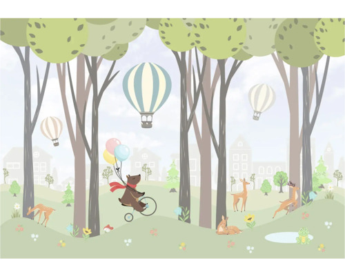 Illustration einer Waldszene mit Bär auf Fahrrad, Heißluftballons und Rehen