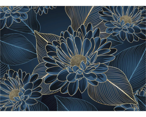 Blumenmuster mit Blättern und Blüten auf dunklem Grund