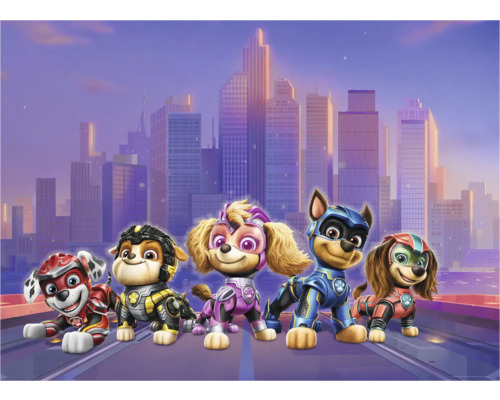 Illustration der Paw Patrol vor einer Stadtkulisse.