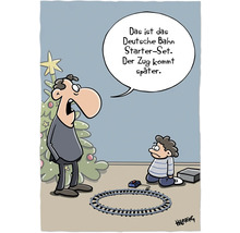 Cartoon mit einer Modelleisenbahn unter dem Weihnachtsbaum und der Aussage, dass der Zug später kommt.