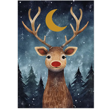Illustration eines Rentiers mit roter Nase vor einem Nachthimmel mit Mond