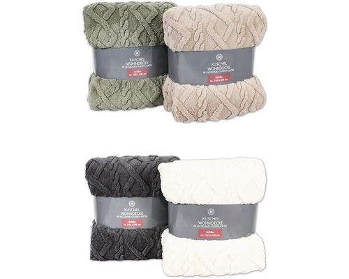 Wohndecke Fleece anthrazit beige grün creme 200 x 150 cm zufällige Farbauswahl Vier verpackte Kuscheldecken in Jacquard Sherpa Optik, circa 150 mal 200 Zentimeter.