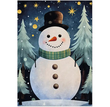 Illustration eines Schneemanns mit Hut und Schal vor Tannenbäumen