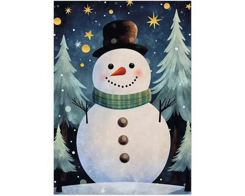 Illustration eines Schneemanns mit Hut und Schal vor Tannenbäumen