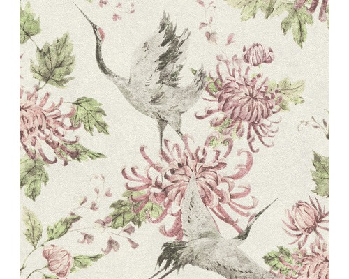 Vliestapete 37464-2 Asian Fusion Kranich weiß Tapete mit Kranich und Blumenmuster
