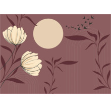 Dekorative Illustration mit Blumen, Blättern und Vogelschwarm