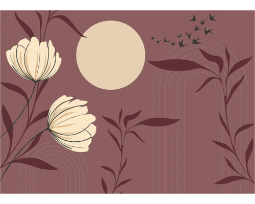 Dekorative Illustration mit Blumen, Blättern und Vogelschwarm
