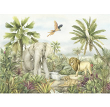 Illustration einer Dschungelszene mit Elefant, Löwen, Papagei und tropischer Vegetation