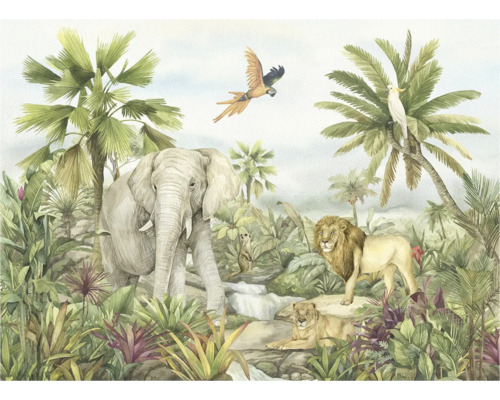 Illustration einer Dschungelszene mit Elefant, Löwen, Papagei und tropischer Vegetation