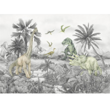 Dekorative Wandtapete mit Dinosaurierillustrationen und Palmen