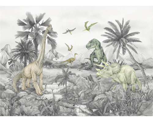 Dekorative Wandtapete mit Dinosaurierillustrationen und Palmen