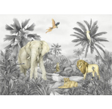 Dekorative Dschungeltapete mit Elefant, Löwe, Erdmännchen und Papagei