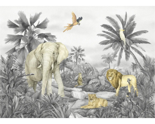 Dekorative Dschungeltapete mit Elefant, Löwe, Erdmännchen und Papagei
